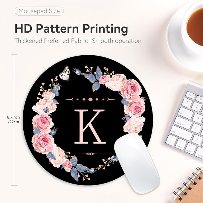 Letter K Black and Pink Flowers Round Mouse Pad - Funny Small Non-Slip Rubber Base Mat for Home Office Decor, Desk Accessories, 8.7 Inch