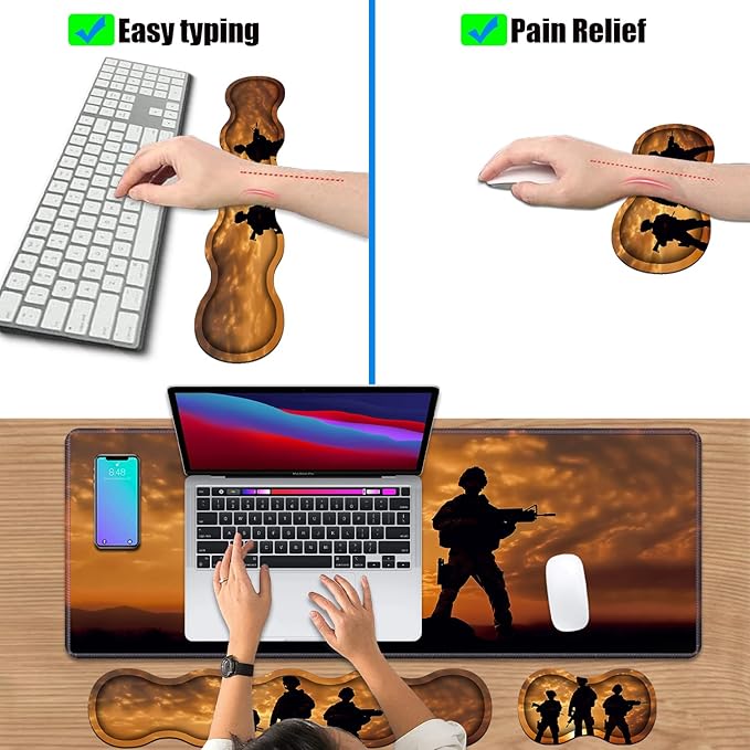 4 in 1 Ergonomic Keyboard Wrist Rest & Mouse Pad Wrist Rest Set, Large XXL Gaming Desk Mat 31.5"x 11.8" with Non-Slip Base, Memory Foam for Home Office Study Gaming, American Soldiers
