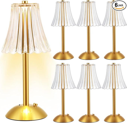 Liliful 6 Pcs LED Portable Cordless Table Lamp Touch Battery Operated Rechargeable Gold Desk Lamp 3 Color Dimmable for Bedroom Living Room Dining (Gold,Rose Style)
