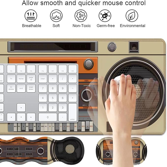 4 in 1 Ergonomic Keyboard Wrist Rest & Mouse Pad Wrist Rest Set, Large XXL Gaming Desk Mat 31.5"x 11.8" with Non-Slip Base, Memory Foam for Home Office Study Gaming, Retro Tape Recorder