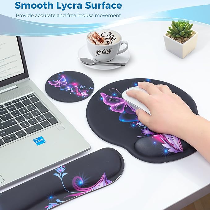 Mouse Pad and Keyboard Wrist Rest Support, with Non-Slip PU Base,Gel Mouse Pad with Coaster,Pain Relief for Gaming, Computer,Office -Vector Butterflies