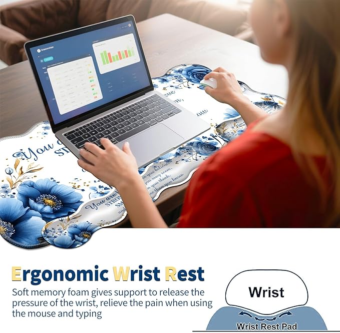 4-Piece XXL Gaming Mouse Pad Set (31.5"x11.8") with Keyboard Wrist Rest,Mouse Wrist Support & Coaster,Ergonomic Non-Slip Desk Mat for Office & Home,Bule Flower Quotes