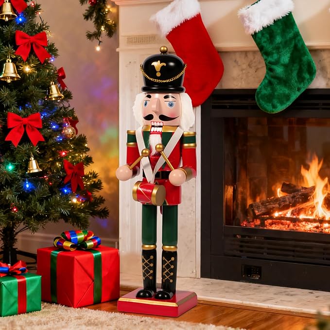 Nutcracker Christmas Decor, 14" Wooden Nutcracker Soldier Christmas Decoration Home Mantle Table Fireplace Christmas Ornaments for Festival Party (14" Black Hat Durm Nutcracker)