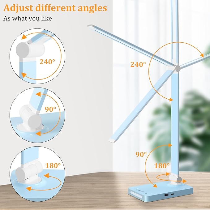 LED Desk Lamp with USB Ports,Touch Desk Lamps for Home Office with 5 Color Modes,3 Brightness Desk Light with Small Night Light,Reading Lamp Table Lamp for Bedroom Bedside Study Blue （with adapter）