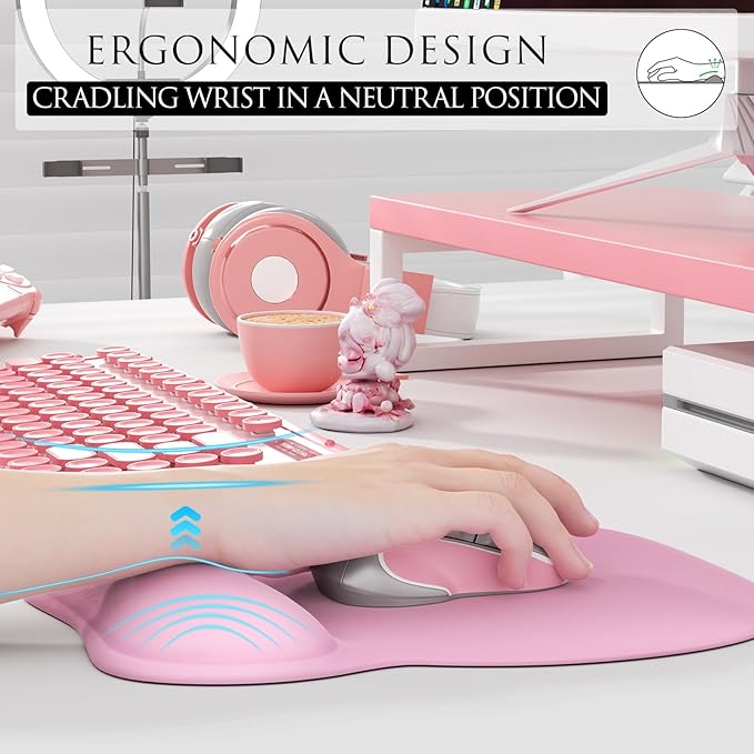 MROCO Ergonomic Mouse Pad with Gel Wrist Rest, Comfortable Mousepad with Smooth Wrist Support Surface and Non-Slip PU Base for Pain Relief, Computer, Laptop, Office & Home, 9.4 x 8.1 in, Pale Pink