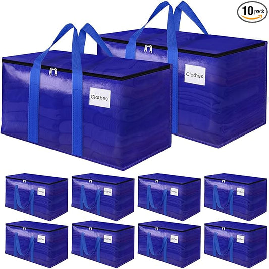 10Pack Moving Storage Bags, Moving Supplies Packing Boxes for Moving, Camping, College Dorm Room Essentials for Girls, Blue Tote Bags, 125L Heavy-Duty Storage Bins With Lids And Zippers
