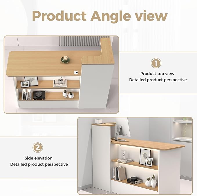 Modern Reception Desk with LED Lights - 47" Front Desk Reception Counter with Dual Display Shelves & Hidden Cable Management, Lockable Drawer & Storage Cabinet for Office, Salon, Spa, Retail, Left