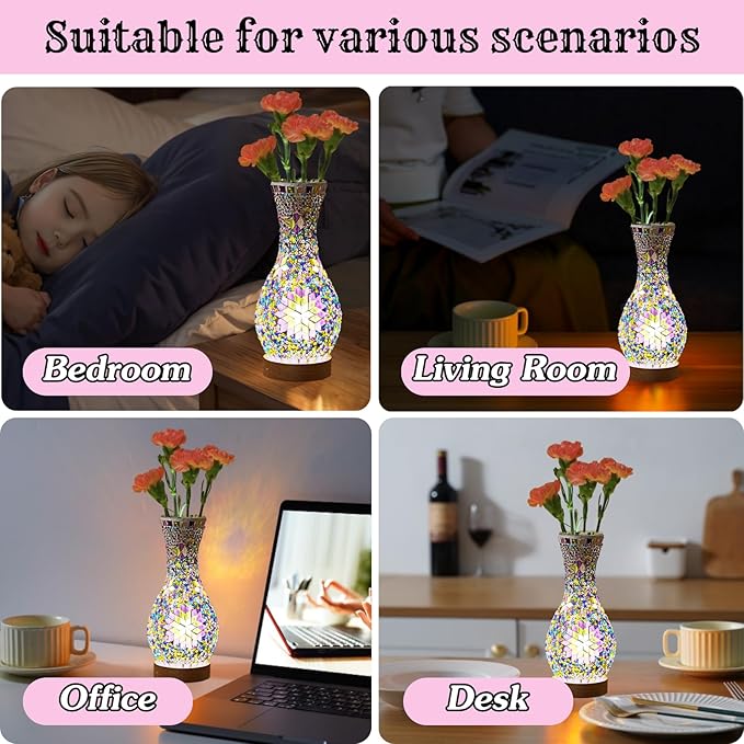 Turkish Mosaic Table Lamp, Moroccan Style Colorful Handmade Glass Vase, USB Tiffany Mosaic Table Night Light for Bedroom, Living Room Decor, 9" Height