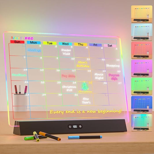 LED Note Board with Colors, Rechargeable 9-Mode Light Up Acrylic Dry Erase Board Calendar, 14"X10" Neon Glow Desk Calendar Monthly Planner for Home/Bedroom/Store/Office/Gift, 7 Markers Black