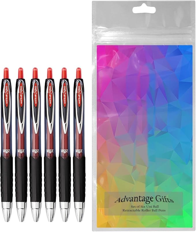 Signo 207 Roller Ball Retractable Gel Pens, Medium Point (0.7mm), Red Ink, 6 Count, Bundle with Plastic Reusable Pouch
