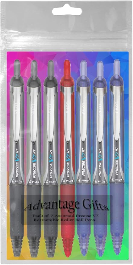 Precise V7 RT Retractable Rolling Ball Pens, Fine Point (.7mm), Assorted Colors, Black/Blue/Red Ink, 7-pk; Premium Comfort Grip, Bundle with Plastic Reusable Pouch