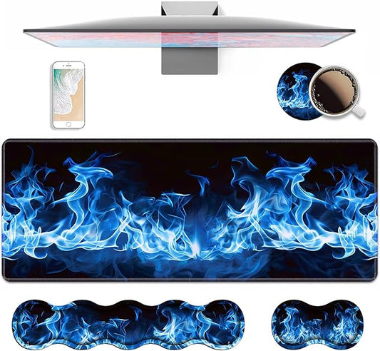 4 in 1 Ergonomic Keyboard Wrist Rest & Mouse Pad Wrist Rest Set, Large XXL Gaming Desk Mat 31.5"x 11.8" with Non-Slip Base, Memory Foam for Home Office Study Gaming, Blue Flame