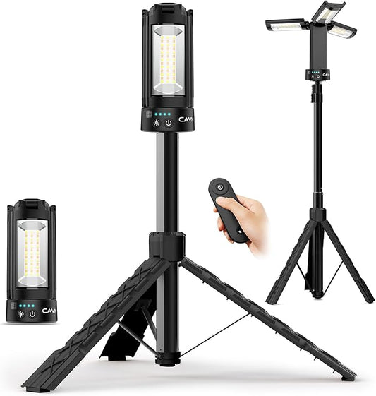 CAVN Rechargeable Camping Lights with Remote & Detachable Tripod Max Height 6.7 ft, Portable Work Light with 3 LED Lamp Heads, Camping Essentials Gear Emergency Flashlight with Hook, Black