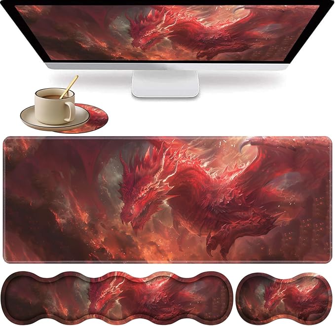 Large XXL Gaming Desk Mat 31.5"x 11.8", Ergonomic Keyboard Wrist Rest & Mouse Pad Wrist Rest + Coaster Set, Non-Slip Base, Memory Foam, Office and Home, Red Dragon