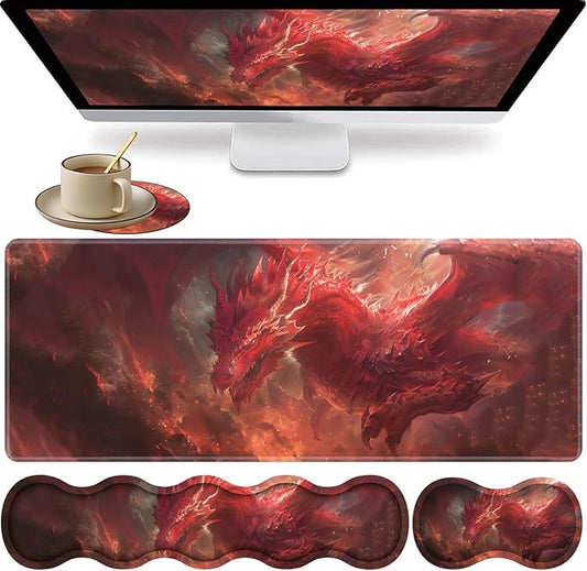 Large XXL Gaming Desk Mat 31.5"x 11.8", Ergonomic Keyboard Wrist Rest & Mouse Pad Wrist Rest + Coaster Set, Non-Slip Base, Memory Foam, Office and Home, Red Dragon