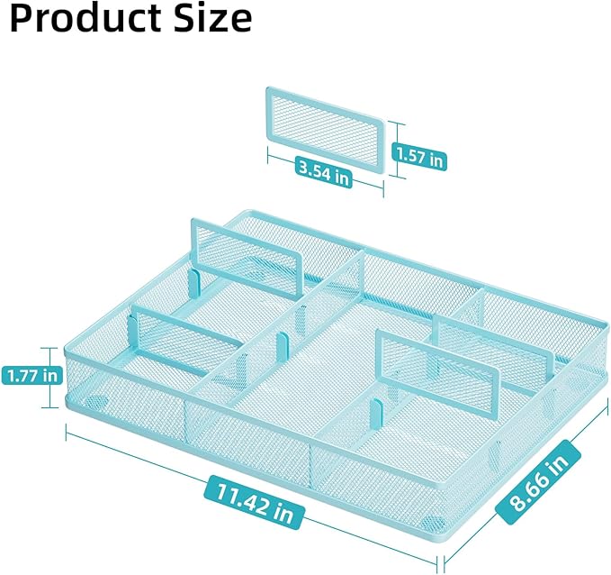 Marbrasse Desk Drawer Organizer, Metal Mesh Drawer Organizer Tray with 5 Adjustable Compartments,Desk Organizers and Accessories for Home,Office,Kitchen,Makeup,Vanity (Blue)