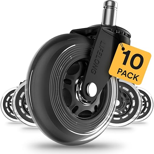 Lifelong Office Chair Wheels Replacement Rubber Chair Casters for Hardwood Floors and Carpet, Set of 5, Heavy Duty Casters for Chairs to Replace Office Chair Mats - Fits 98% (10 Pack)