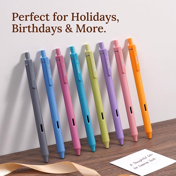 WRITECH Fine Point Gel Pens: 8ct 0.5mm Multi Colored Ink Colors Retractable Pen for Smooth Writing Note Taking Journaling Assorted Coloring No Bleed & Smear & Smudge (Vintage Set)