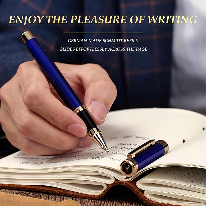 Luxury Rollerball Pen - Stunning Blue Lacquer Pen, 24K Gold Finish, Schmidt Black Refill, Best Pen Gift Set for Men & Women, Office, Professional, Executive, Office, Nice Fancy Designer Pens