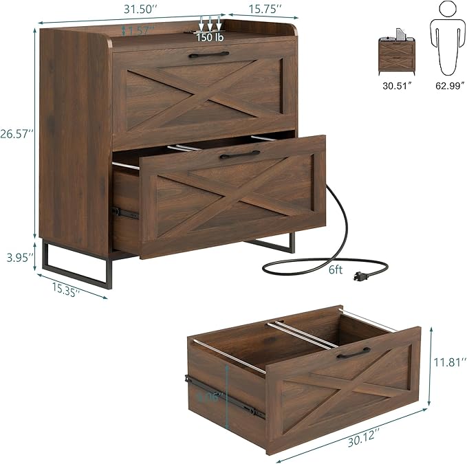 Lateral File Cabinet 2 Drawer File Cabinet with Charging Station, Modern Farmhouse Large Wood File Storage Cabinet for Home Office Furniture(Dark Walnut)