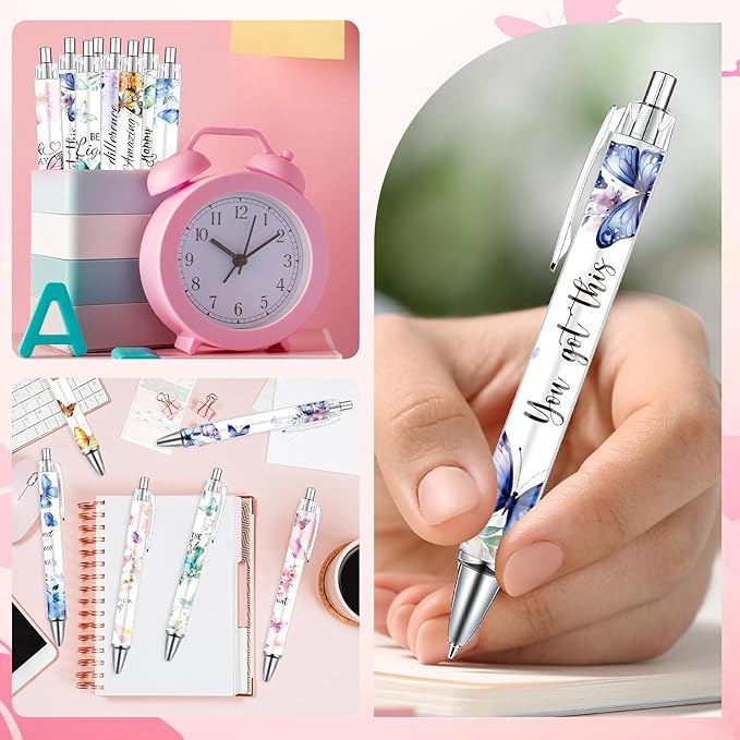 Butterfly Inspirational Ballpoint Pens - 24PCS Butterfly Print Pens Set Retractable Positive Flower Pens Smooth Writing Floral Pens for Office Stationery School Supplies for Women Teacher Gift