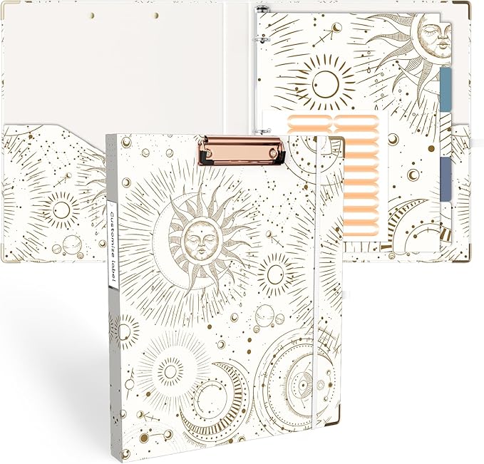 Ospelelf 3 Ring Binder, 1/2 Inch, Cute Letter Size (11" x 8.5") with 5 Tab Dividers, File Folder Labels and Low Profile Clipboards, Tarot Cards Binder for School and Office Supplies