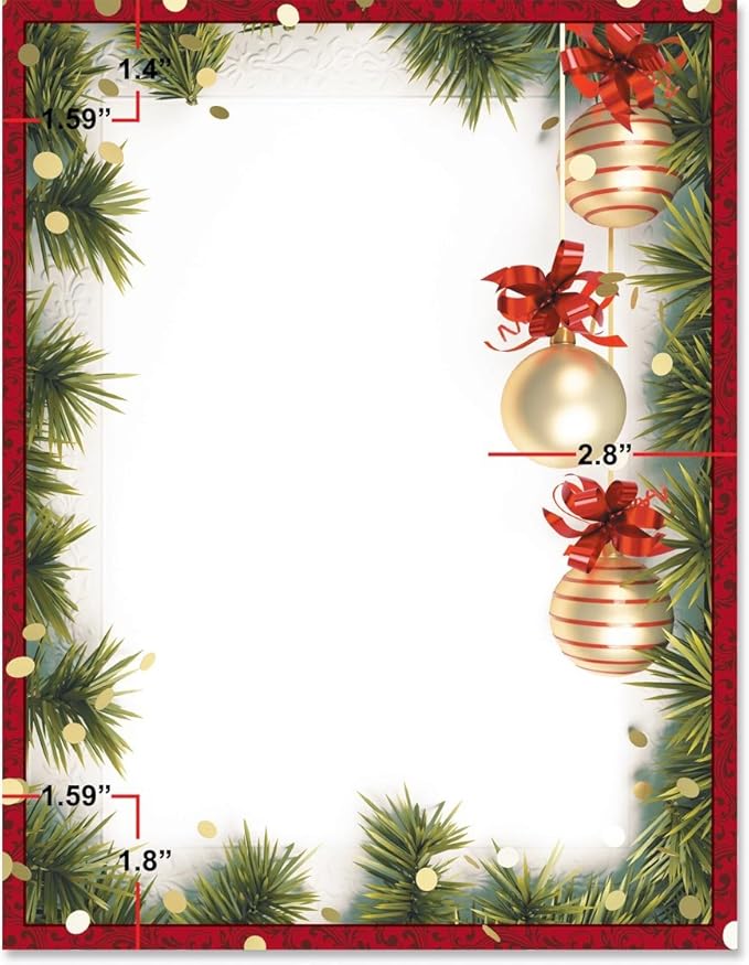 PaperDirect Ornament Trio Holiday Border Paper, Pine Boughs with Hanging Ornaments and Red Ribbons on Right Side, 8.5 x 11, Acid-Free, Ideal for Holiday Invitations, Cards, 50 Sheets