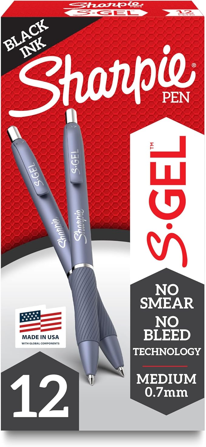 Sharpie S-Gel Gel Pens, Blue Barrel, Medium Point (0.7mm), Black Gel Ink Pens, 12 Count - Home, Office, School, Journaling, Writing, Note-Taking, Teacher Supplies