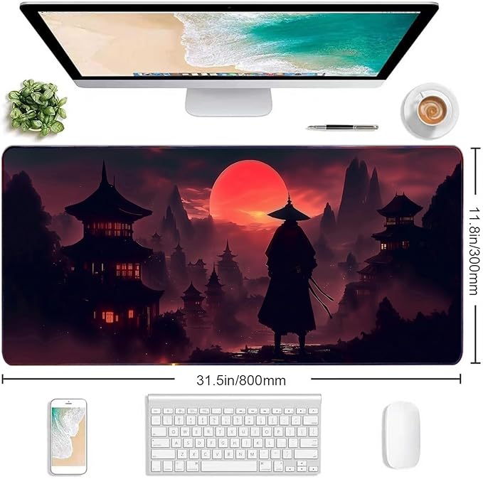 Moonlight Japanese Samurai Mouse Pad Gaming Mousepad Non-Slip Rubber Base Keyboard Pad Desk Mat for Home Office, 31.5 x 11.8 in