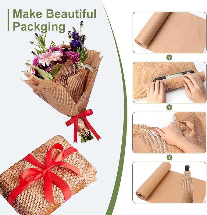 Neworld Honeycomb Packing Paper,Eco Friendly Bubble Cushioning Wrap for Moving,Products & Gifts Wrapping Paper,Recyclable Cushioning Packing Material(12" x 50') With 20 Fragile Sticker Labels