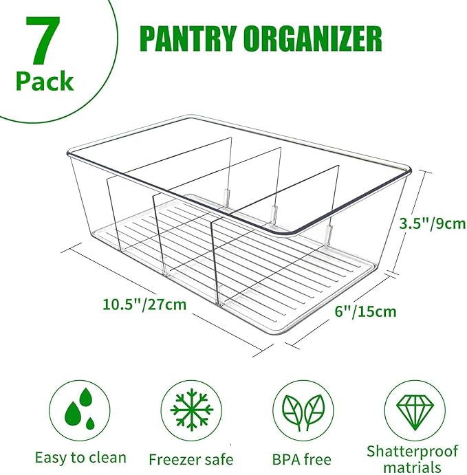 Pantry Organizers and Storage,Kitchen Organizers and Storage for Fridge,Drawer and Refrigerator - Spice Organization for Cabinet,Clear Plastic Stackable Organizer Bins with 3 Dividers (7 Pcs)