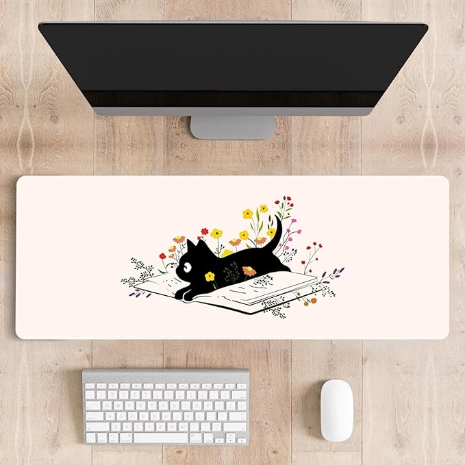 Mousepad Desk Mat Gaming Large Keyboard Cute Office Desktop Computer Laptop XXL Long Big Kawaii Aesthetic Girly Pretty Design Women Girl Gamer Oversized Wide 30x12'' Mousepad, Cat Book