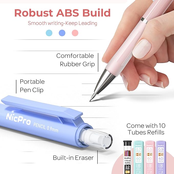 Nicpro 38PCS Aesthetic School Supplies, Cute Mechanical Pencils 0.5, 0.7, 0.9 & 2.0 mm with 564PCS Lead Refills, Pastel Mechanical Pencil Set for Students Girls Writing Drawing Drafting - Pink Case