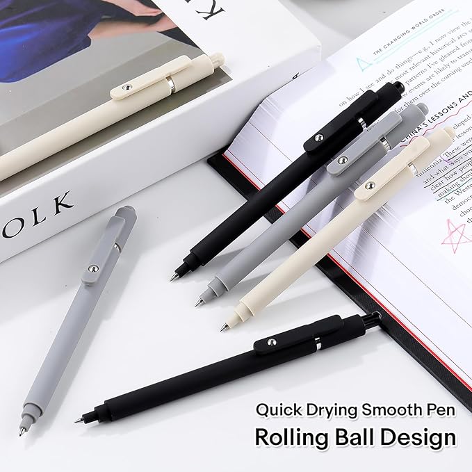 RIANCY Gel Pens 0.5mm Black Ink Ballpoint Aesthetic Beige Black Gray White Fine Point Smooth Writing Pretty Cute Fancy Desk Accessories Gifts for Women Men Nurse Journaling Office School Supplies 6Pcs