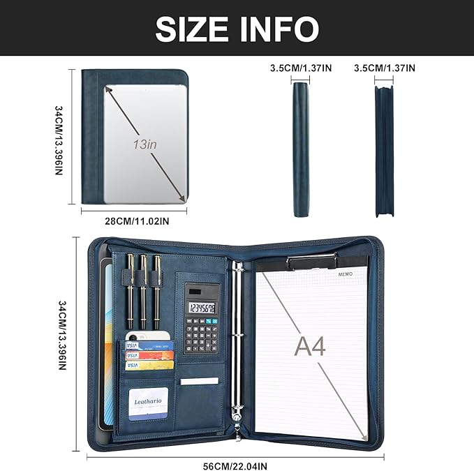 Leathario Portfolio Binder, 3-Ring Folder Organizer, Includes 5 Sheet Protectors and a Pen, Vegan Leather A4 Padfolio for Tablets, Business Conferences Professional Document Organizer, Office Supplies