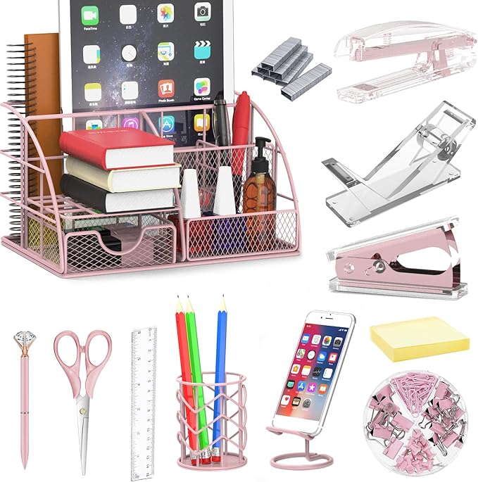 Office Desk Organizers, Pink 13PCS Office Supplies and Accessories Desk organizer, Acrylic Stapler, Staple Remover, Clips, Scissor, Phone Holder, Pen, Pen Holder