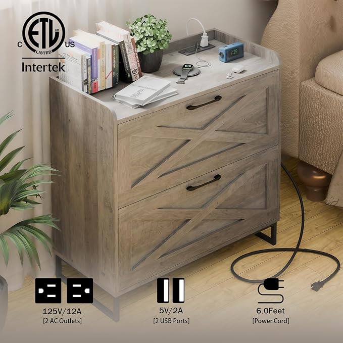 Lateral File Cabinet 2 Drawer File Cabinet with Charging Station for Legal/Letter/A4 Size Hanging Files, Modern Farmhouse Large Wood File Storage Cabinet for Home Office Furniture(Washed Gray)