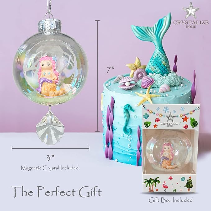 Mermaid Pink Christmas Ornament - Handmade Shatterproof Decorations for Indoor Outdoor Xmas Tree - Clear Ball Ornaments with Magnetic Crystal - Great Gift or Stocking Stuffer for Mom, Sister, Friend