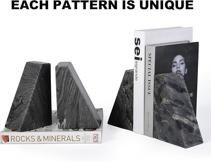 Marble Bookends for Heavy Books, Decorative Book Ends for Shelves, Titanium Black Stone Durable and Heavy-Duty Book Ends for Hardback Books & CDS, Unique Book Stopper & Holder, Set of 2