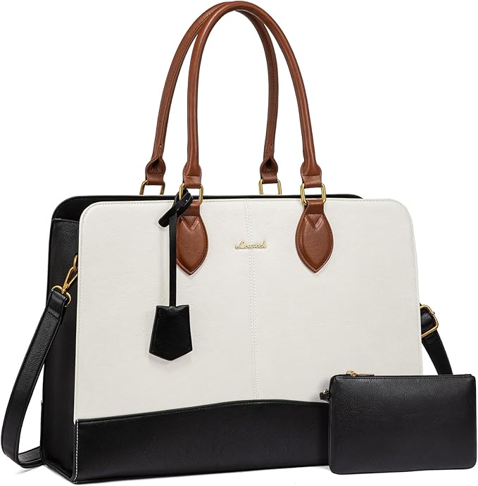 LOVEVOOK Laptop Bag for Women, Work Tote Bags 17.3 inch Computer Bags for Laptops for Women Purse, Large Vintage PU Leather Waterproof Business Office Briefcase, Beige Black Brown