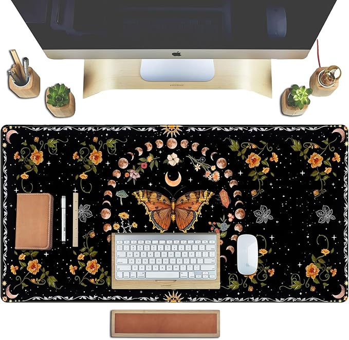 Moth Desk Pad Mushroom Phase Moon Phase Desk Mat, Boho Flowers and Leaves Computer Big Mouse Pad Washable Cloth Non-Slip Rubber Base Keyboard Pad Mouse Mat for Office with Stitched Eges 31.5x15.7 in