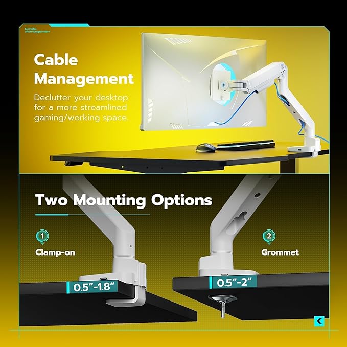 ARES WING Ultrawide Monitor Arm White with USB A/C, Heavy Duty Monitor Arm for 17 to 49 inch Screen, Holds 44 lbs, Adjustable Gas Spring Arm Desk Mount with Clamp and Grommet Base