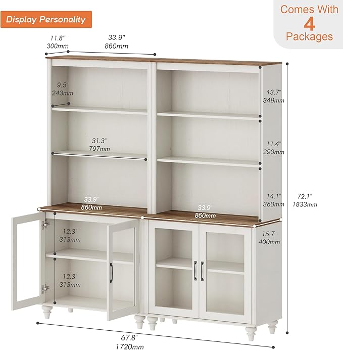 WAMPAT 5 Tier Wooden Bookcase 72" Tall Bookshelf with Adjustable Shelves and Storage Cabinet，Library Wood Bookshelves for Living Room, Study Room, Bedroom, White