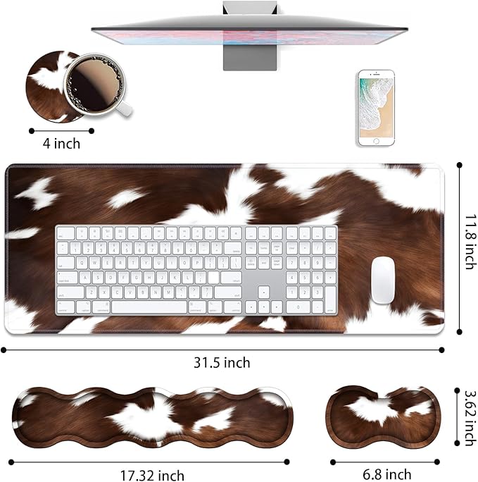 4 in 1 Ergonomic Keyboard Wrist Rest & Mouse Pad Wrist Rest Set, Large XXL Gaming Desk Mat 31.5"x 11.8" with Non-Slip Base, Memory Foam for Home Office Study Gaming, Brown Black Cow Print