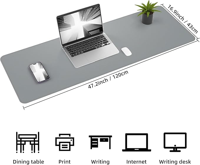 Leather Desk pad Protector,47" x 17" Large Desk mat with Natural Cork & PU Leather,Mouse pad,Non-Slip Office Desk Mat,Waterproof Desk Writing Pad for Office and Home (Light Gray)
