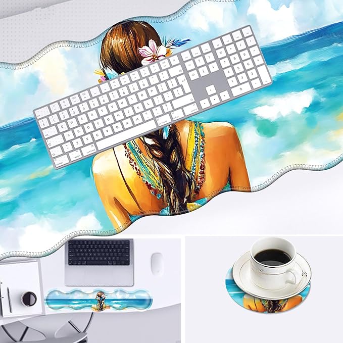 Large Mouse Pad and Keyboard Wrist Rest, Desk Pad for Keyboard and Mouse, 4-in-1 Large Gaming Mouse Pad with Wrist Support, Desk Mat for Home Office Study Game-Girl with Floral and Feather