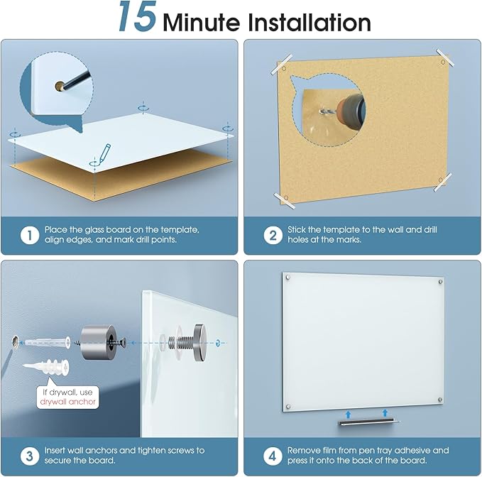 MaxGear Glass White Board 36x24 Inches, Wall Mounted Magnetic Glass Dry Erase Board, Large Frameless Whiteboard with 1 Eraser,3 Markers and 6 Magnets for Office, School, Home