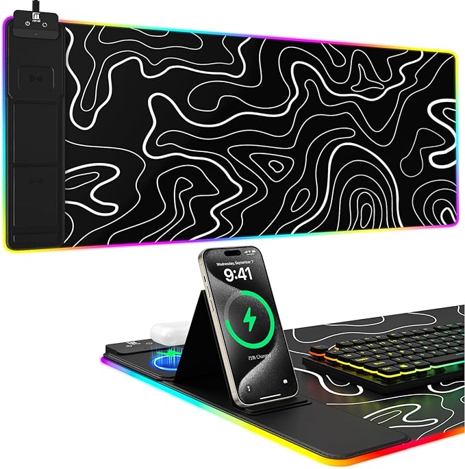 Mouse Pad with Phone Holder, Wireless Charging Desk Mat, RGB Gaming Mousepad Home Office Large Desk Pad with Ultra-Smooth Surface, Non-Slip Base, Waterproof Keyboard Pad,Topographic Black