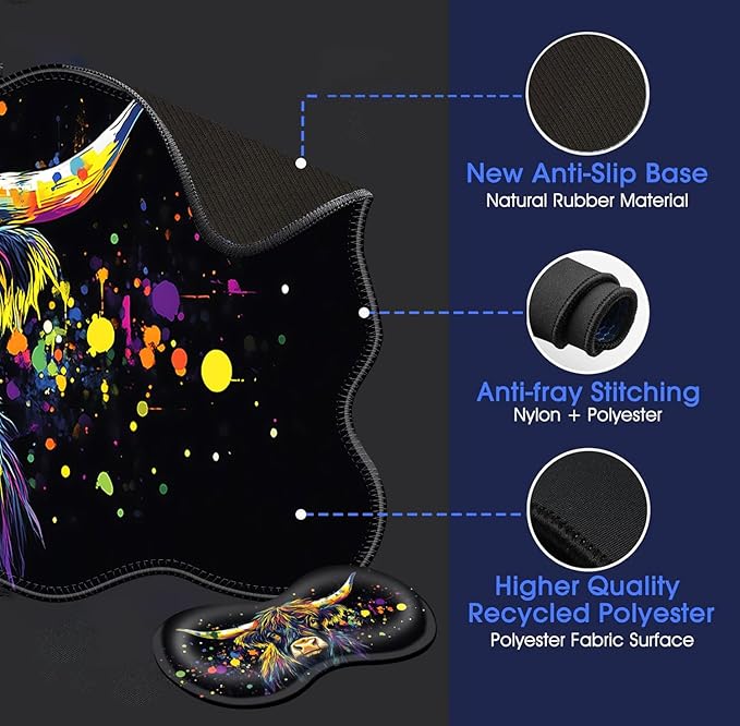 Large Mouse Pad and Keyboard Wrist Rest, Desk Pad for Keyboard and Mouse, 4-in-1 Large Gaming Mouse Pad with Wrist Support, Desk Mat for Home Office Study Game-Colorful Highland Cow