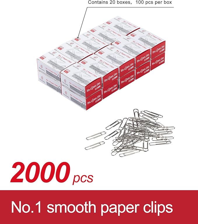 PAPERPAL Paperclips for Office School & Personal Use, #1 Smooth Paper Clip (1-2/7"), 2000 Medium Paper Clips (20 Boxes of 100 Each), Silver